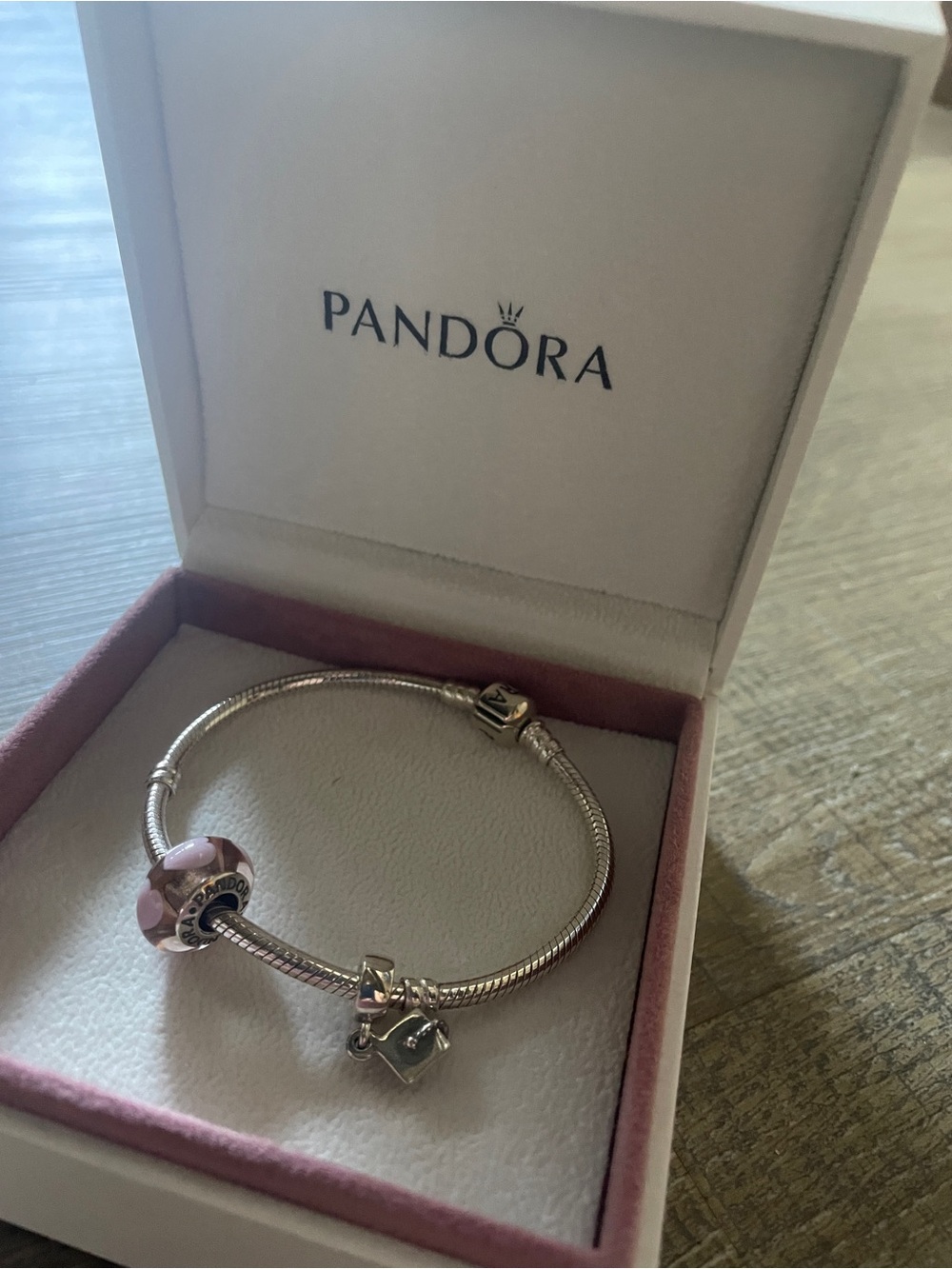 Pandora Silver Bracelet with Pink Murano Bead and Graduation Cap Charm. New.